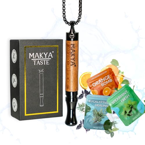 Makya Taste Mahagoni Aromastift zur Rauchentwöhnung I Nikotinfrei & chemikalienfrei I Simuliert Rauchgefühl I Entwickelt mit Experten I Stressabbau & Atemtraining I Edelstahl Halskette