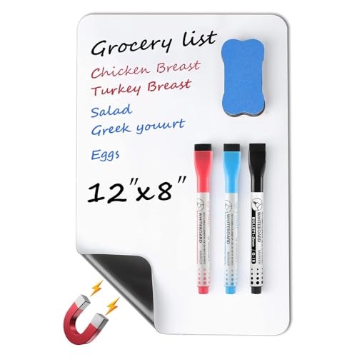 Comparison: Best Magnetic Whiteboard For Fridge 2 MaxGear Small Magnetic Dry Erase Board Sheet for Refrigerator, Fridge Whiteboard for Kitchen, 12"x8" White Board Organizer and Planner with Stain Resistant Technology, Include 1 Eraser, 3 Markers