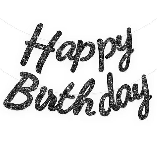 Image of Rozi Decoration Happy Birthday Banner Black Glitter Decoration - Reusable Cursive Letter Party Garland for Birthday Decor, Men Women Kids Adults, Happy Birthday Cursive Banner Pack of 1 Set