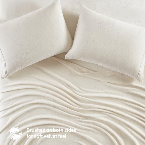 Image of True North by Sleep Philosophy Plush Sheet Set Twin, Solid Color, Warm & Soft Bedding Twin Size Sheets, Fitted Pocket Fits Up to 16 inch Mattress, Soloft, Ivory, 3 Piece