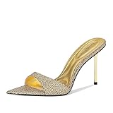 Ouwilov Champagne Gold Mule Heels for Women Slip On Pointed Toe 9.5cm Silver Metal Stiletto Heels Iridescent Croc Texture High Heels for Wedding Party Holiday Fashion Events