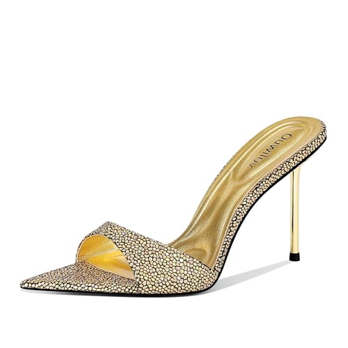 High Heel Mules for Women Pointed Toe Slip On Design with 3.7 Inch Metal Stiletto Heel and Soft Padded Insole in Iridescent Gold for Parties or Date Night