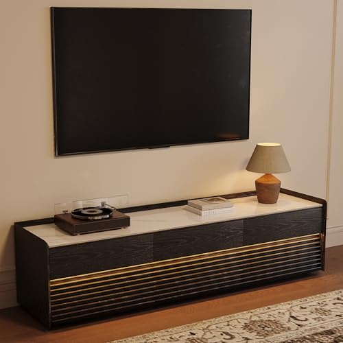 Image of POVISON Fully-Assembled Mid Century Glossy Sintered Stone TV Stand, 70.87 inch Wood Media Console with Adjustable LED Light, Entertainment Center with Storage for Living Room
