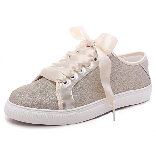 Elivandon Wedding Shoes Bling Bridal Sneakers Flats Bride Tennis Shoes Shiny Sequin Sparkly Sneakers