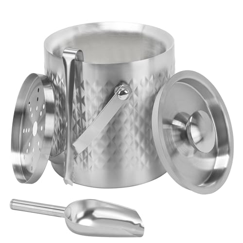 VirtuGro 2L Ice Bucket, Double Walled Insulated Ice Bucket with Lid and Tongs, Scoop, Strainer, Stainless Steel Small Ice Bucket for Home, Bar, Parties, Garden, Clubs, BBQs, Restaurant Ideal for Gift