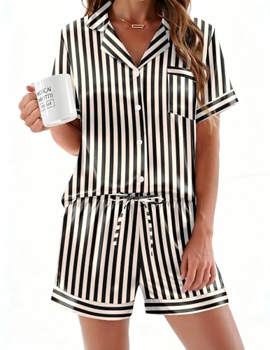 Image of Ekouaer Silk Pajamas for Women Button Down Sleepwear 2 Piece Pjs Shorts Set | Classic Short Sleeve Notch Neck Lounge Set with Pockets,Soft Cute Pj Set,Bridal Gifts,Pajama Party,Maternity Outfits