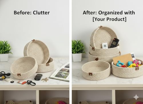 Image of Handmade Jute Cotton Storage Baskets Set of 3 for Dining Table, Fruit Basket & Roti Bowl, Cane Style Organizer for Kitchen, Home Decor, Washable Multipurpose (WhiteBeige)