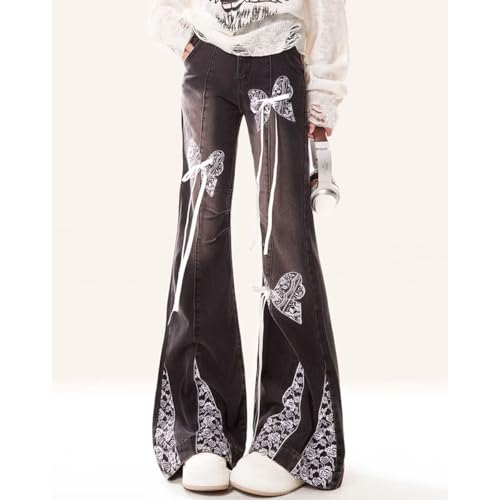 Gothic High Waisted Jeans for Women Y2K Cute Bow Tie Lace Printed Drawstring Bell Bottom Denim Pants2
