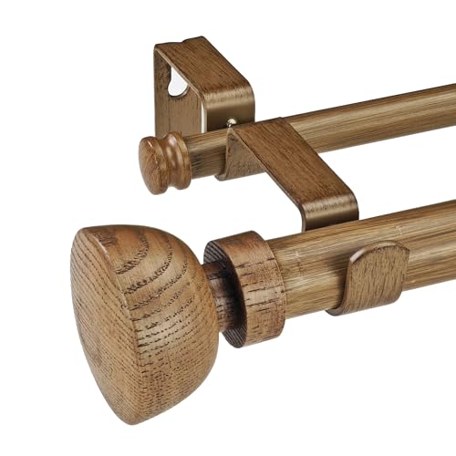 SKYPLUS LIVING Faux Wood Style Curtain Rod Set with Wood Grain Round Finial, 72-144 inch, Standard Double Drapery Rod for 1 Pack, 1 inch diameter, Adjustable Length