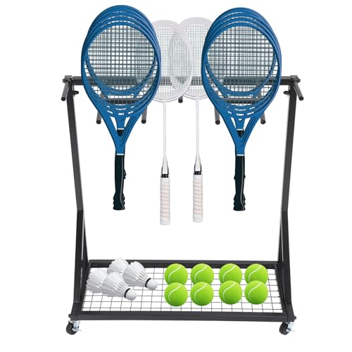 Floor-Standing Racket Storage Rack Ball Storage Bin Rolling Sports Ball Cart Rolling Sports Ball Storage Cart for Indoor & Outdoor Sports Equipment Organizer