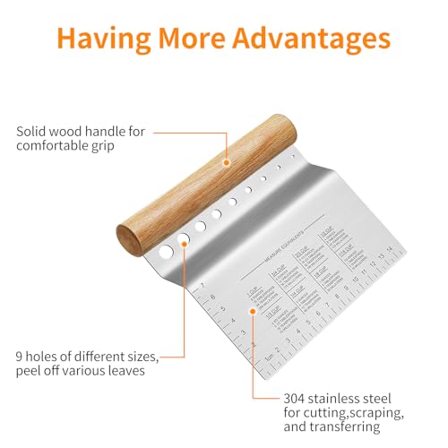 ALLTOP Dough Bench Scraper/Cutter/Chopper Stainless Steel Blade with Herb Stripper,Multipurpose Kitchen Pastry Tool with Scale Ruler - Leaf Remover - 1 Pack