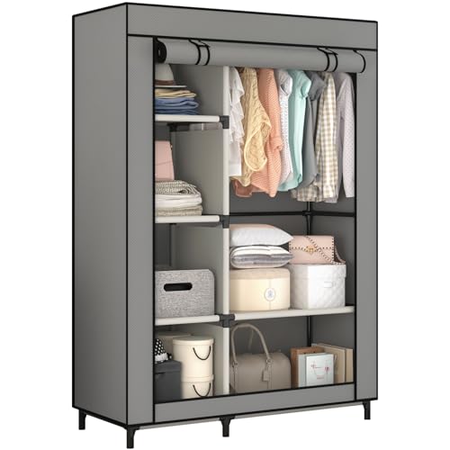 Image of Calmootey Portable Closet Organizers, Clothing Storage, Wardrobe with 6 Shelves and Hanging Rod, Non-Woven Fabric Cover with 4 Side Pockets, Grey