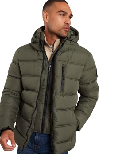Image of Spindle Mens Padded Winter Coat Zipped Hooded Puffer Double Layer Jacket Warm Outerwear Storm Cuffs Zip Chest Pocket + Inner Pocket Khaki M