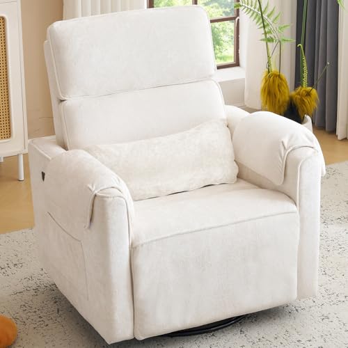 Image of Oversized Power Recliner Chair Swivel Glider with Adjustable Headrest, Swivel Rocking Recliner Chair for Adults, 26" Extra Wide Glider Nursery Chair with Overstuffed Armrest, USB Ports, Cream
