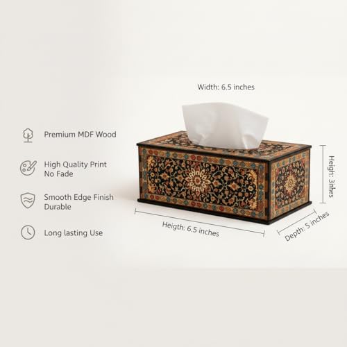 Image of Tissue Box Holder for Home Mughal Black Multicolor Printed Tissue Box Holder Premium Wooden Tissue Box Cover for Table, Office & Home Decor 6.5x5x3 Inch
