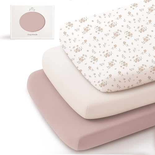 Image of Konssy 3 Pack Stretchy Bassinet Sheets for Baby Girl Boy, Soft Breathable Baby Bassinet Mattress Sheets Fit for Hourglass Oval Cradle, Moses Basket Rectangle Mattress (Blossom)