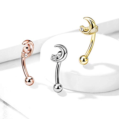 Amelia Fashion 16 Gauge Crescent Moon With Crystal Star Curved Barbell/Eyebrow Ring 316L Surgical Stainelss Steel (Choose Color) (Clear) #TOP1