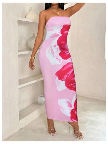 Image of GORGLITTER Women's Tropical Floral Y2K Strapless Bodycon Maxi Dress Summer Hawaiian Wedding Guest Cocktail Sun Dresses Pink Medium