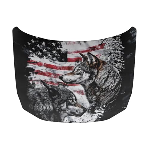 Image of American Flag Wolf Print Car Hood Cover Elastic Polyester Car Hood Cover All Seasons Universal Auto Hood Protective Accessories Suitable Most Sedans SUV Pickup Trucks