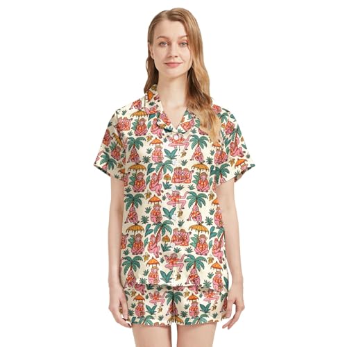 Image of Silk Satin Pajama Set for Women Summer Lounge Pjs Sets 2 Piece Suit Ladies Button Down Tops And Shorts Sleepwear
