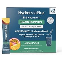 Hydralyte Brain Support - Memory & Focus | Electrolytes + Organic Lions Mane، Reishi، Cordyceps & 5-HTP | Adaptogen Drink Mix with Mushroom Powder | Support Focus and Mood 30 Pack، Mango Punch