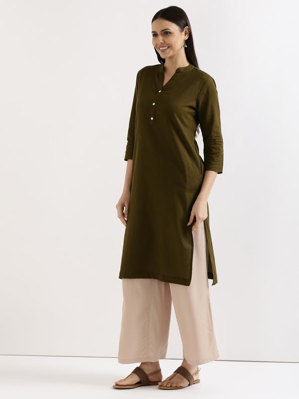 Image of SAADAA Women's Linen Straight Fit Straight Long Kurta Airy Plain Kurta, 3 /4 Sleeve, Knee Length Kurtis with Pockets, Casual and Office Wear