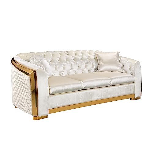 Tomkate Velvet Button Tufted 3 Seater Sofa Couch, 81\" Luxury Chesterfield Sofa with Gold Stainless, Modern Living Room Curved Sofa with Rounded Lines for Business Lounge, Waiting Area (Beige-a) - Thumbnail 4