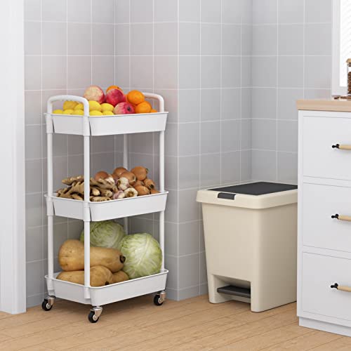 JIUYOTREE 3-Tier Rolling Storage Cart Utility Cart with Lockable Wheels for Living Room Bathroom Kitchen Office White