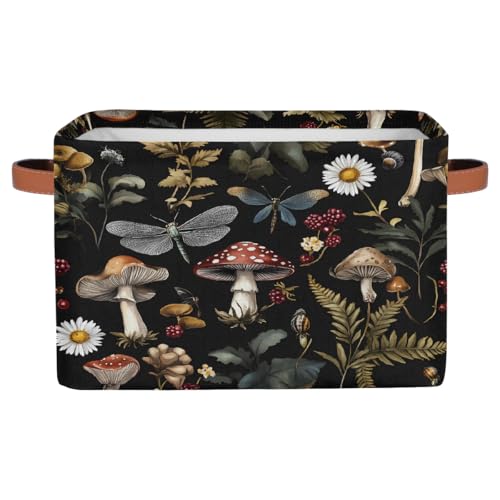 Image of Mushrooms Daisies Storage Baskets for Organizing, Fabric Collapsible Storage Bins Box Forest Plants Decorative Toy Organizer Baskets for Closet Shelves Gift Basket 1 Pc