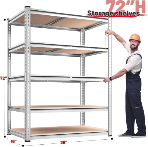 Image of REIBII 2020LBS Garage Shelving Heavy Duty 5 Tier Storage Shelves Adjustable Metal Shelving for Basement, Warehouse, Pantry, Closet, Kitchen, Easy Assembly, 72 inch H x 36 inch W x 16 inch D, Galvanized