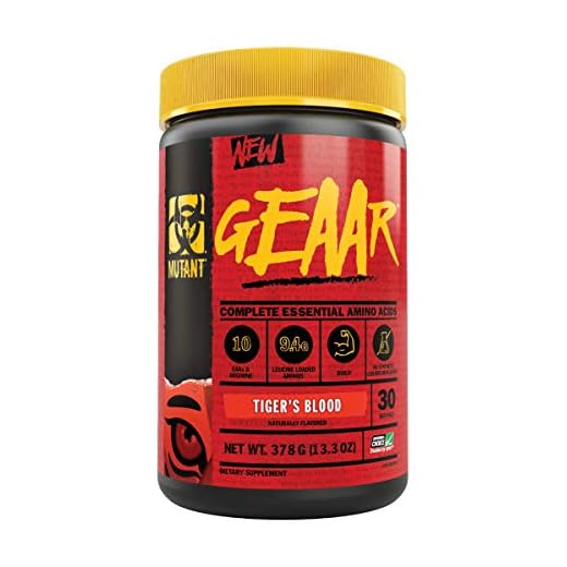 Mutant GEAAR - 9.4g of EAA Powder + Arginine, 7g BCAAs, 4g Leucine, Electrolytes, Coconut Water, No Artificial Colors or Flavors, Delicious Taste - 30 Servings - Tiger's Blood - 378g