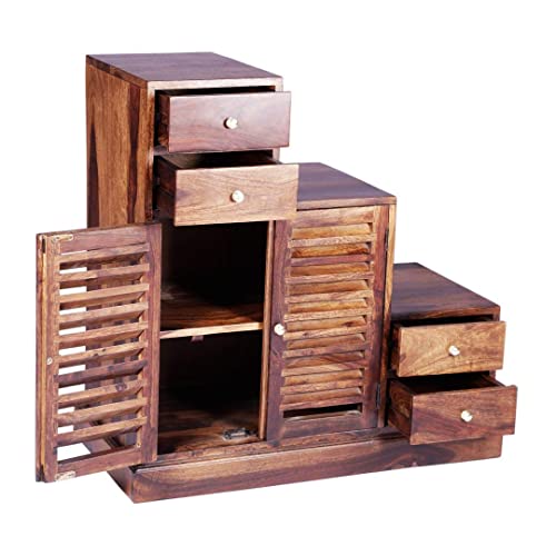 Image of MADE WOOD Solid Sheesham Wood Shoe Rack with 2 Doors & 4 Drawers|Wooden Shoe Storage Cabinet for Home Entryway|Multipurpose Footwear Stand for Slippers,Sandals & Chappal|Provincial Teak Finish|