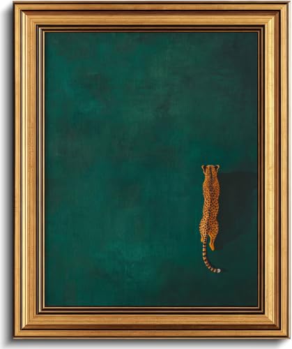 Image of Gold Framed 3D Textured Wall Art, Vintage Green Cheetah Canvas Prints, Minimalist Emerald Green Leopard Pictures Decor, Modern Trendy Animal Gallery Artwork for Living Room Bedroom Office 24x16 in