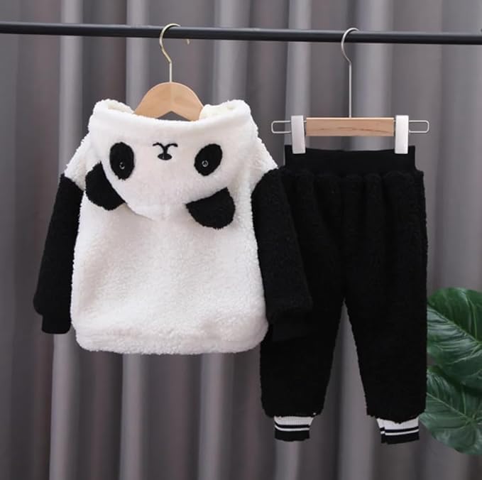 AMEEHA Kids Cartoon Design Hooded Fur Fleece Tracksuit Set, Winter Wear (IN, Age, 12 Months, 18 Months, Black-White)