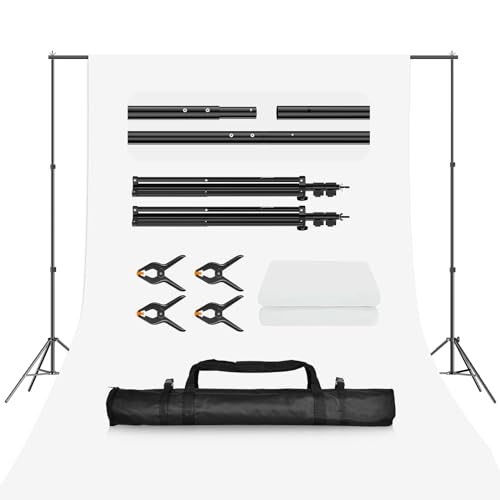 EMART Support Toile de Fond Photo de 2x2m avec Toile de Fond Blanc de 1,5x3m, Sac de Transport et 4 Pinces à Ressort pour la Photographie, la Décoration, la...