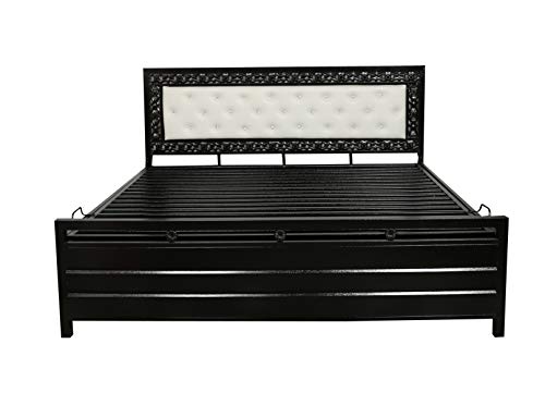 Image of Black Metal HEADBOARD Bed with Hydraulic Storage for Home Livingroom Bedroom - Ivory Cushion (6x6)