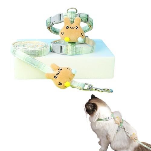 猫紐外れない二重鎖牽引紐外散歩紐かわいいうさぎ紐弔り紐二重ボタン猫首輪セットは、猫の甘えを調節し、首を締め付けず、ジグザグ外れや逃走防止にもなります (緑色, M)