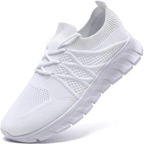 XKOWUO Mens Running Shoes Tennis Slip On Gym Sneakers Walking Shoes Non-Slip Trail Trainers Athletic Jogging Comfortable Road Fashion Workout Breathable Shoes White US 8.5
