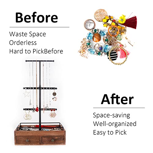 Gpusfak Jewelry Organizer Stand Necklace Holder - 3 Tier With 2 Wooden Drawers For Bracelet Earrings Rings Black #TOP7