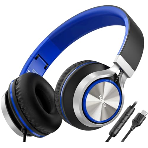 Upgraded USB Type C Wired Headphones, Foldable Over-Ear Headphones with Mic and Volume Control, Hi-Fi StereoSound for Adults/Teens/Toddlers/Tablets/Travel(Blue)