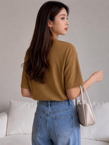 Image of TAGAS Women's Textured Knit Top with Embroidered |Short Sleeve Casual Wear Top for Women | Round Neck Elegant