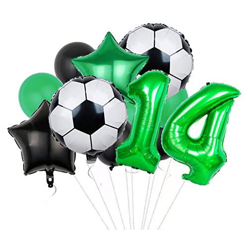 QWEQWE Lot de ballons de football pour 14e anniversaire - Motif chiffre 14 - Vert - Étoile noire - Pour enfants et garçons - Décoration de fête de football - 14e anniversaire Cover