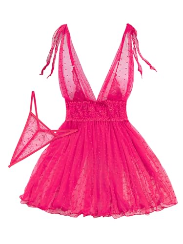 Image of Lilosy Sexy Polka Dots Mesh Sheer Lace Babydoll Chemise Lingerie Set Floral Sleep Wear
