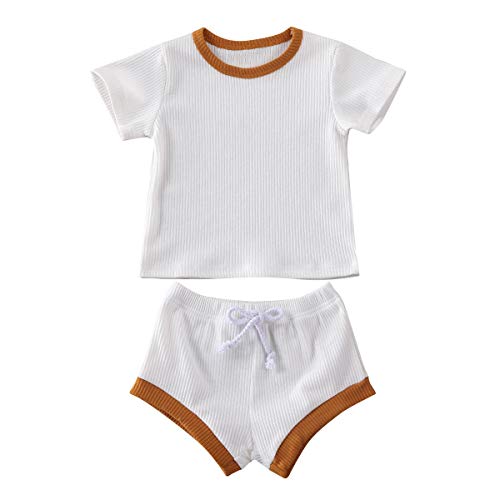Baby Unisex Clothes, Top with Pants Set 2 Piece Outfit, Organic Cotton Clothing Set for Infant Baby Boys Girls (White Shorts, 0-6 Months)