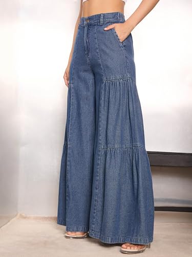 Image of Sassafras Women's Flared Washed Gathered Front - Casual Streetwear Denim Wide Leg Jeans