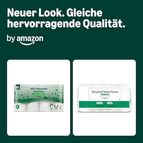 by Amazon Recyceltes Toilettenpapier, 100% recycelte Fasern, 3-lagig, 200 Blatt, 8 Rollen (1 Pack à 8 Rollen), FSC-zertifiziert