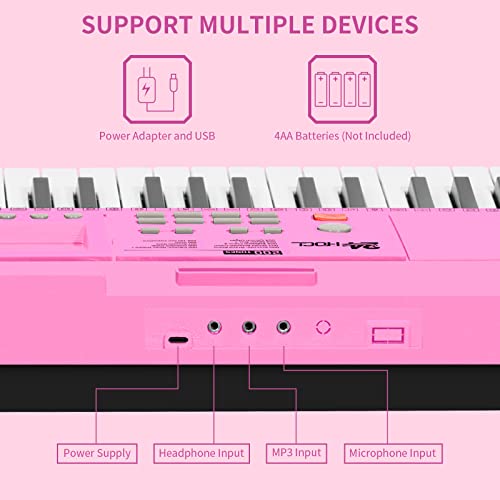 24Hocl 61 Keys Keyboard Piano Lighted Keys For Kids Teens Beginners Birthday Children's Day Best Gift, Electronic Portable Digital Music Piano With Mic, Music Stand, Powered By Ul Adapter/Battery #TOP3