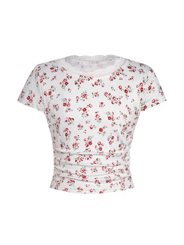 Image of RoseSeek Girl's Ditsy Floral Print Lace T Shirt Short Sleeve Ribbed Ruched Cute Tee Shirts Summer Tops