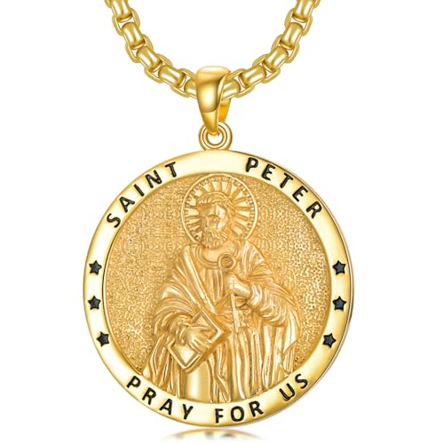 Seiyang Gold Plated Saint Peter Necklace 925 Sterling Silver St Peter Medal Pendant Jewelry Protection Amulet Medallion Religious Gift for Men