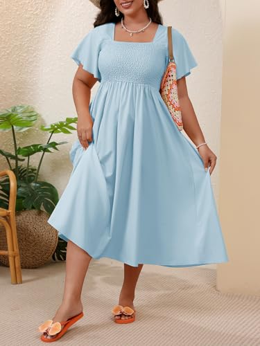 Image of Floerns Women's Plus Size Floral Square Neck Flounce Short Sleeve A Line Maxi Dress